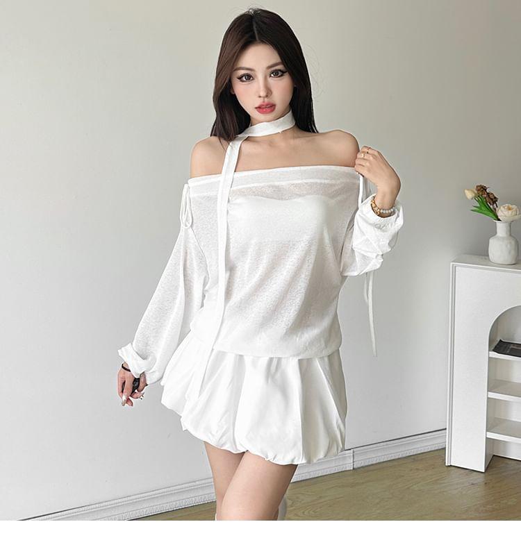 Long-Sleeve Off Shoulder Plain Mini A-Line Dress Product Image