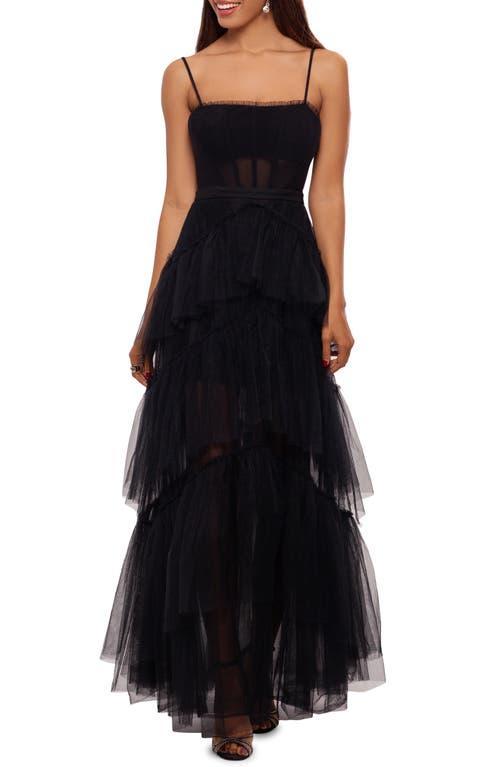 Betsy  Adam Illusion Tiered Ruffled Tulle Square Neck Mesh Sleeveless Gown Product Image