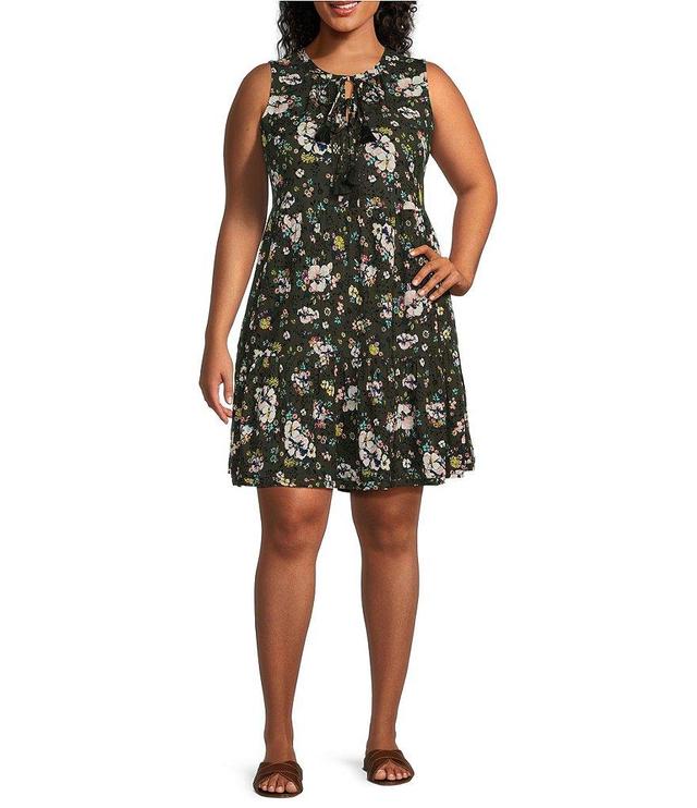 Westbound Plus Size Olive Floral Double Tassel Tie Front A-Line Tiered Sleeveless Dress Product Image