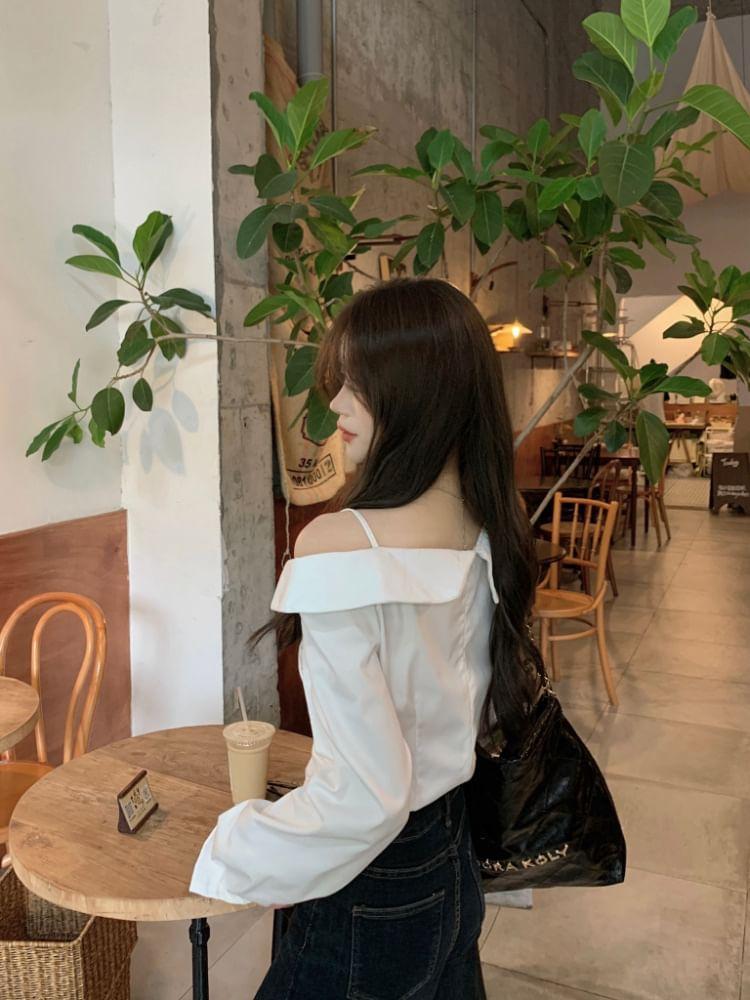 Long-Sleeve Cold Shoulder Plain Ruched Blouse Product Image