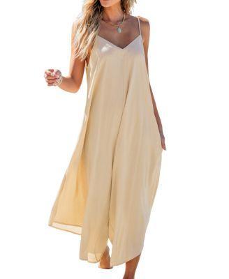 Cupshe Womens Beige Shoulder Tie Wide Leg Loose Fit Jumpsuit - Beige Product Image