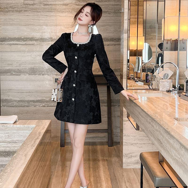 Long-Sleeve Square Neck Faux Pearl Button Mini A-Line Dress Product Image