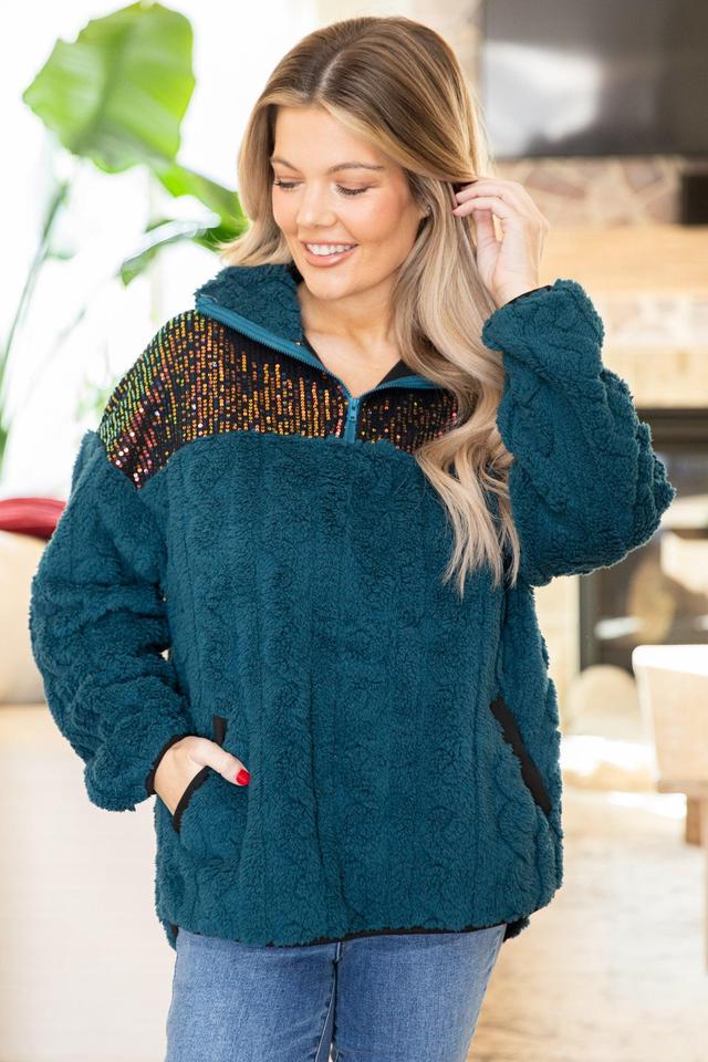 Teal Faux Fur Cable Pullover With Sequins Product Image