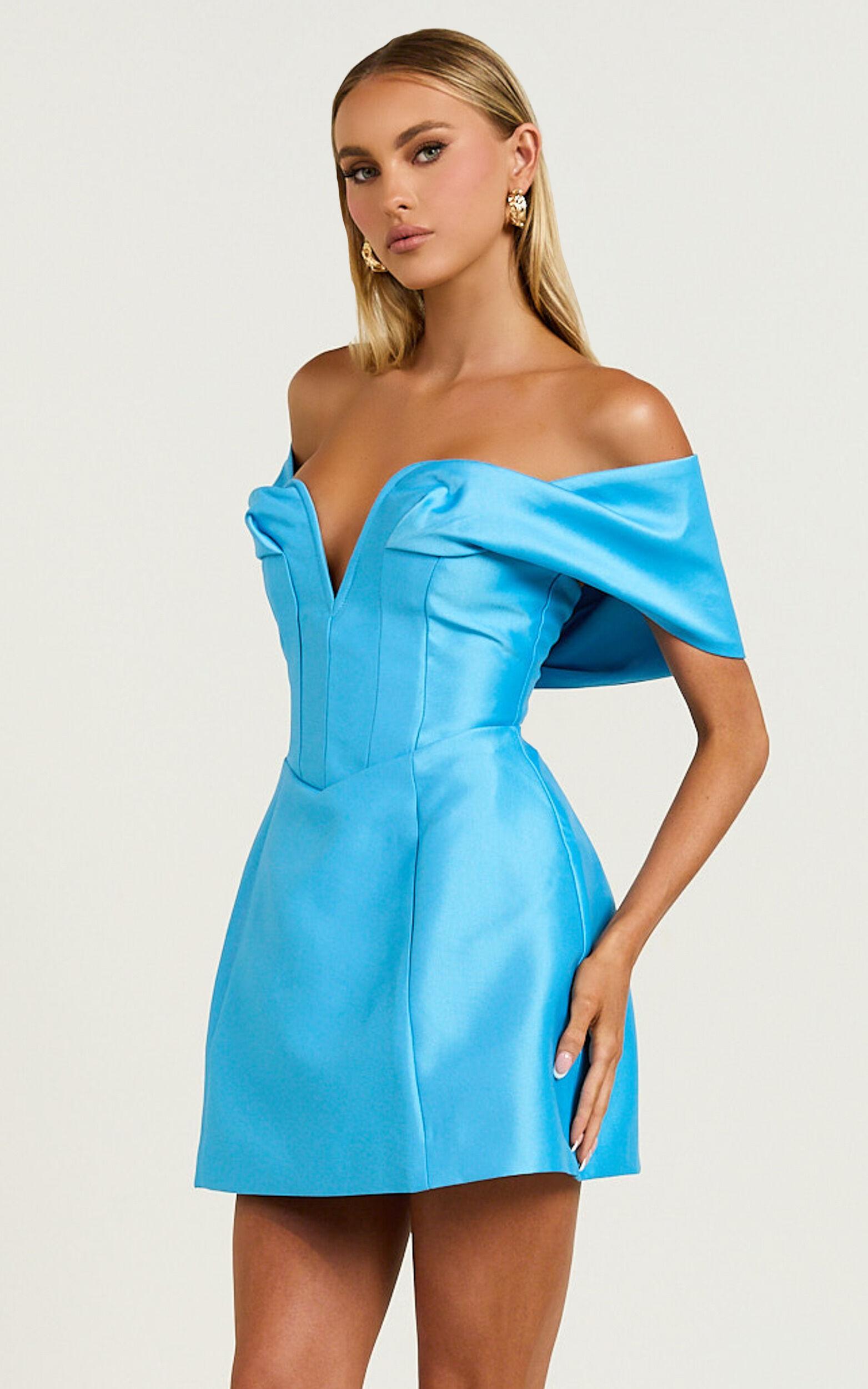 Jayce Mini Dress - Plunge Neck Off Shoulder Tulip Dress in Blue Product Image