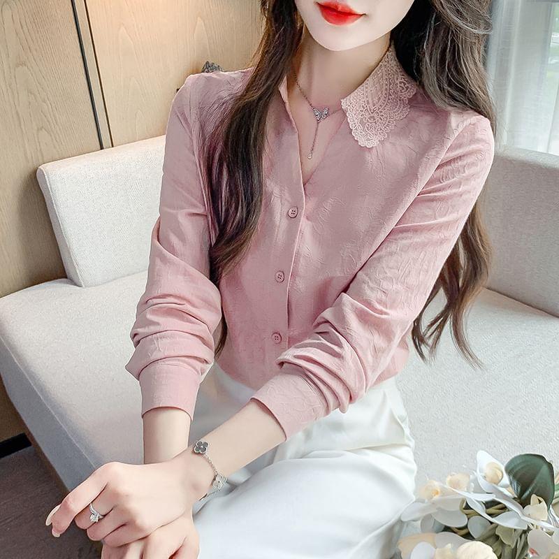 Long-Sleeve V-Neck Lace Collar Floral Jacquard Button-Up Blouse Product Image