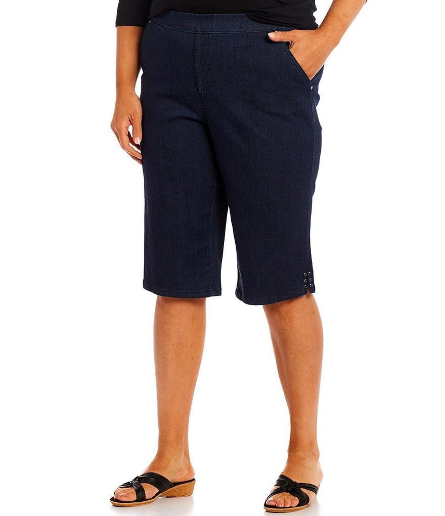 Intro Plus Size Rose Tummy Control Grommet Tab Hem Denim Pull-On Bermuda Shorts Product Image