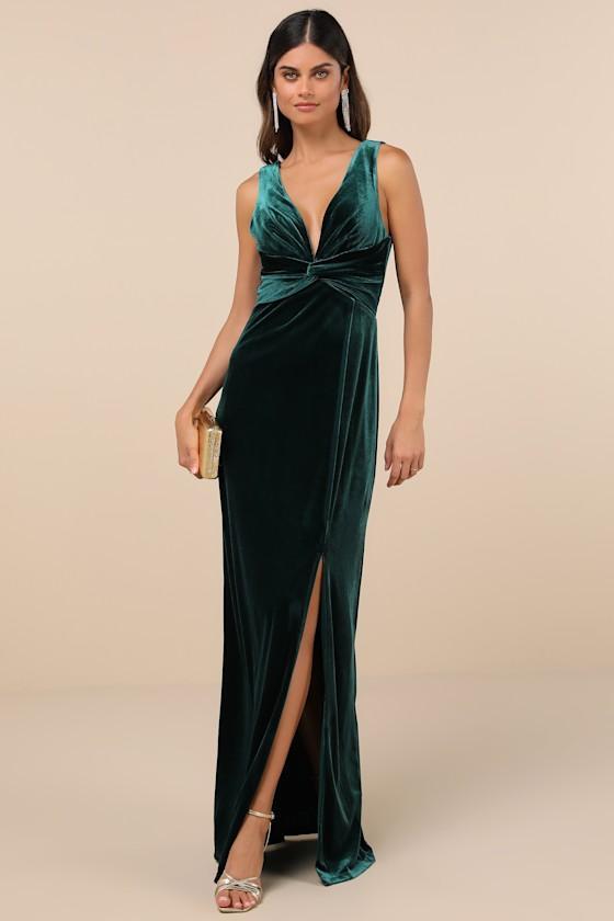 Enhanced Aura Emerald Green Velvet Cowl-Back Maxi Dress Product Image