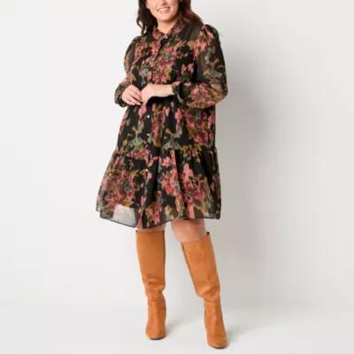 Maia Womens Long Sleeve Floral Shift Dress Plus Product Image