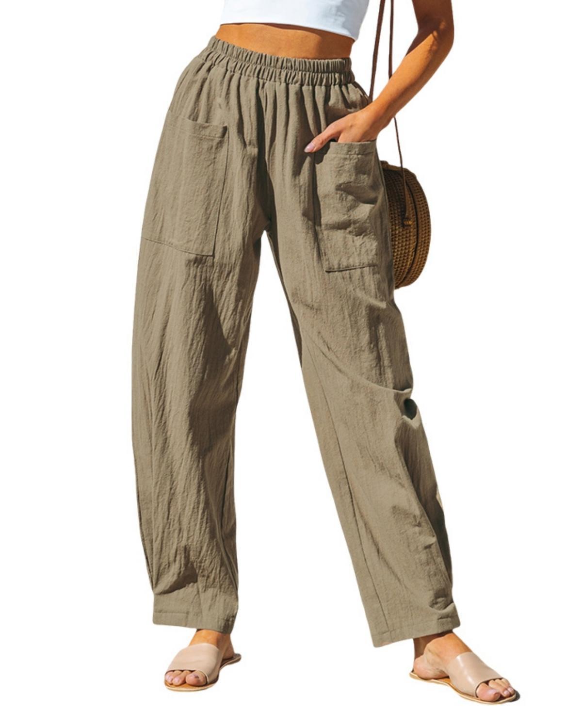 Cupshe Womens Khaki Elastic Waist Patch Pocket Tapered Leg Pants - Beige Product Image