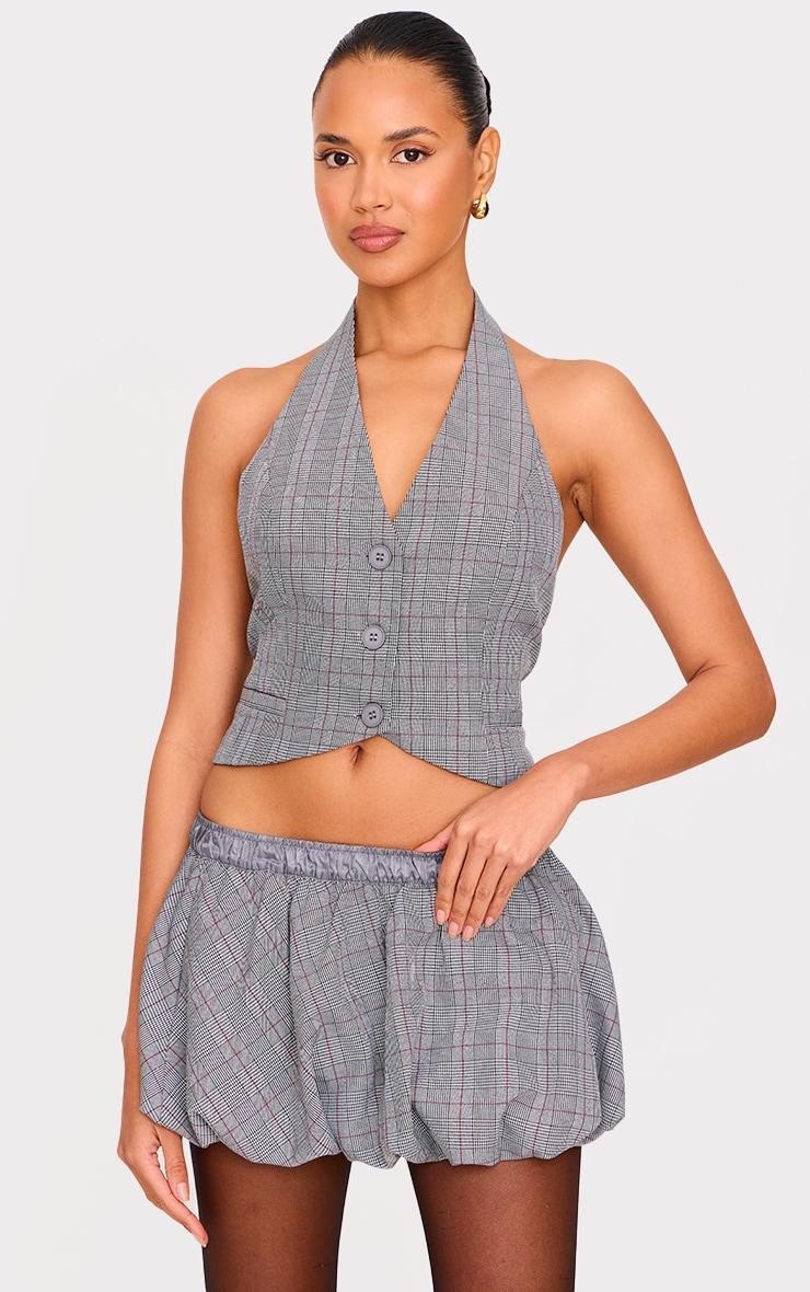 Grey Check Woven Tailored Puff Ball Waistband Skirt Product Image