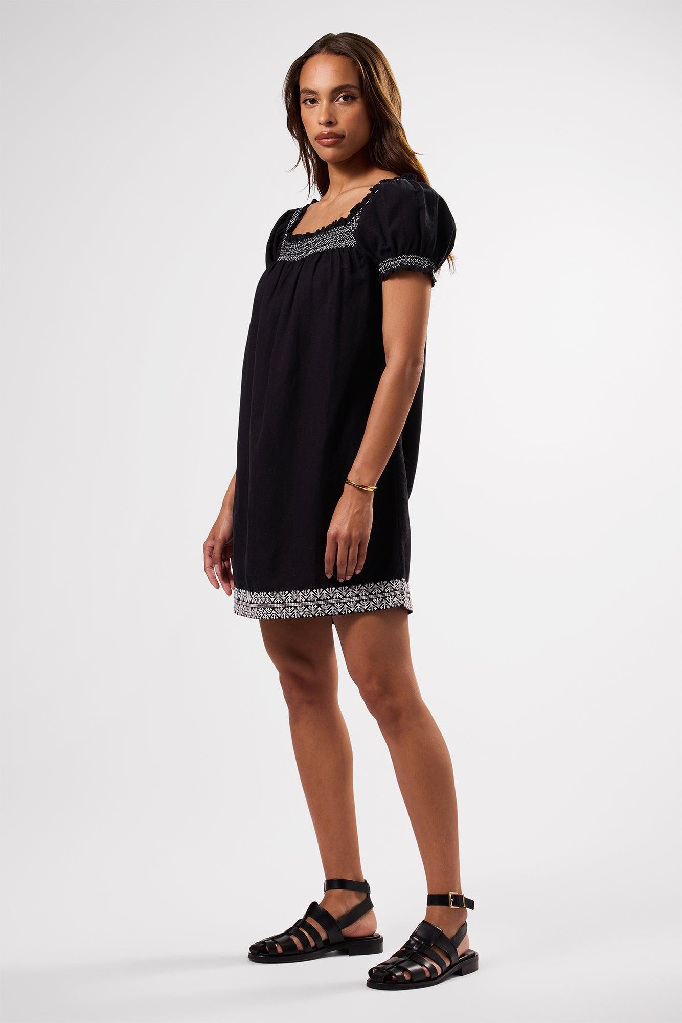 Smocked Embroidery Dress - Black White Embroidery Product Image