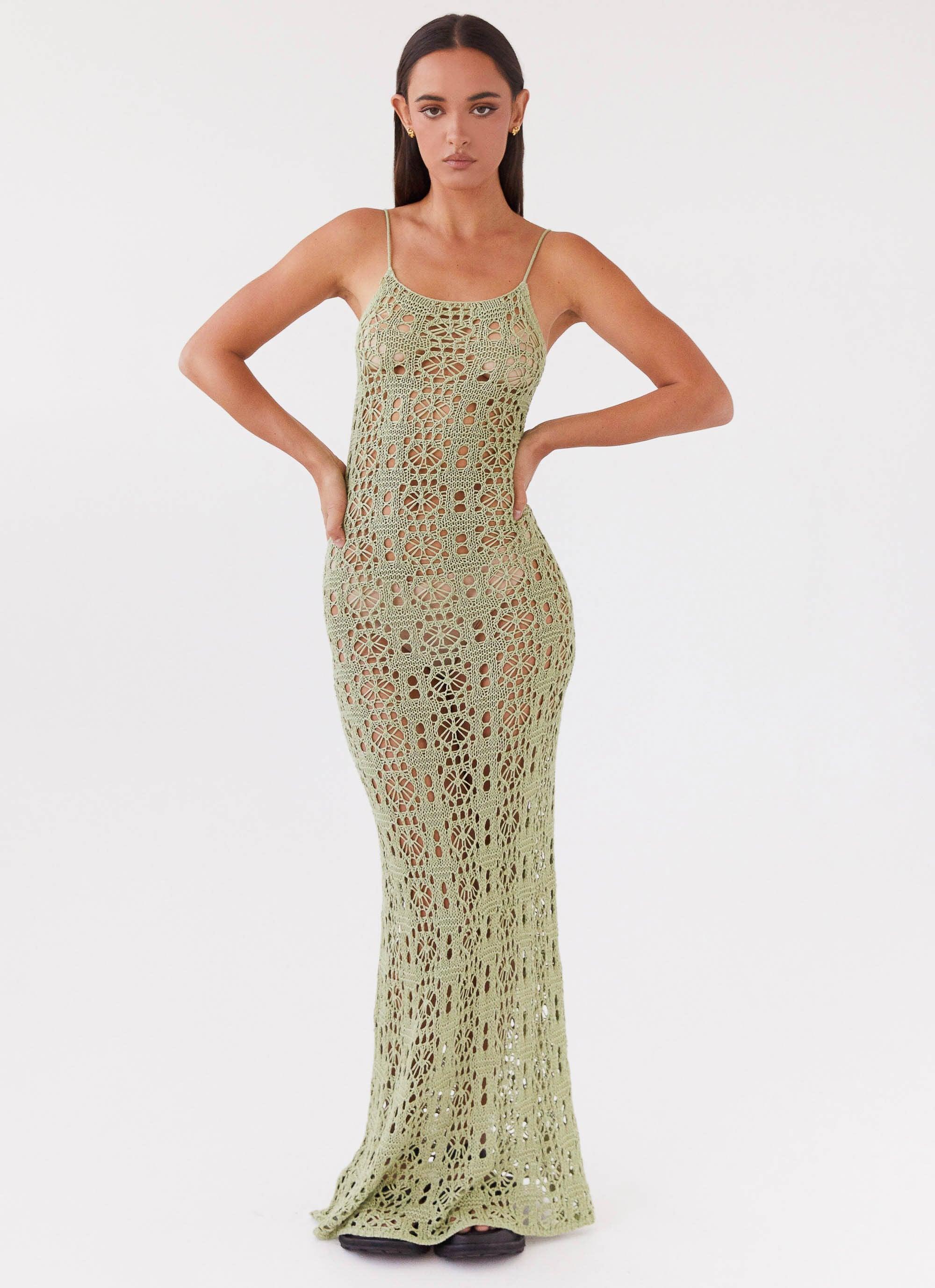 Luxora Crochet Maxi Cami Dress - Light Olive Product Image