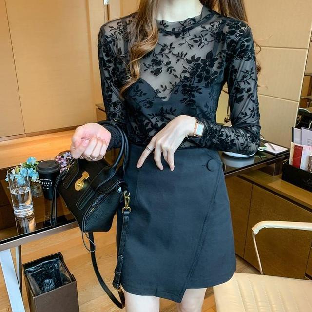 Long-Sleeve Round Neck Floral Jacquard Mesh Top Product Image