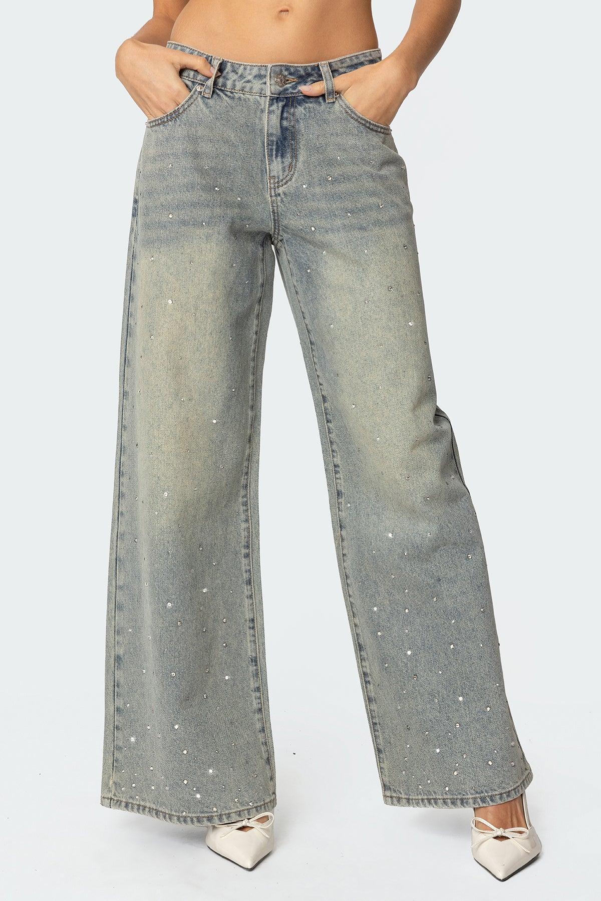 Rhinestone Low Rise Washed Jeans Product Image