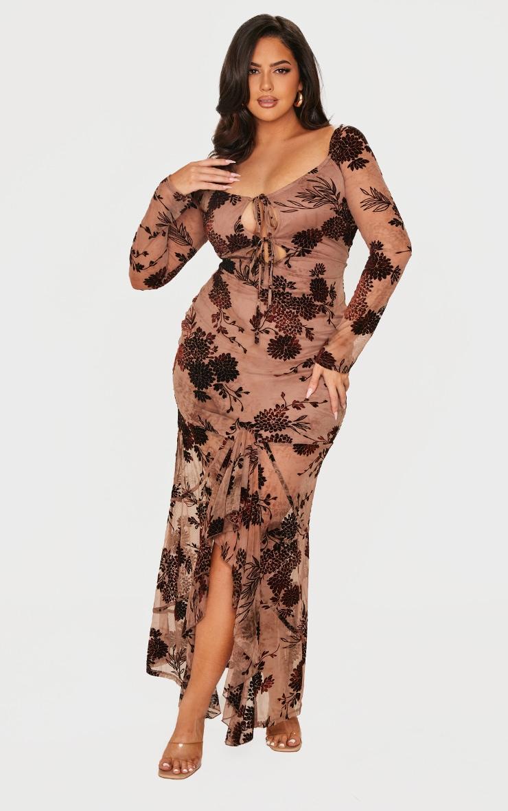 Plus Brown Floral Print Devore Off The Shoulder Long Sleeve Maxi Dress Product Image