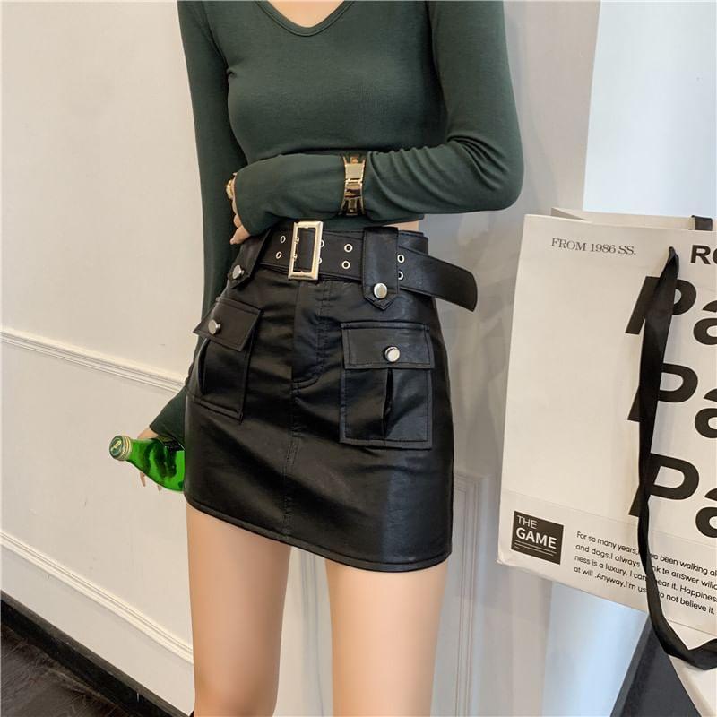 High Waist Plain Faux Leather Mini Pencil Skirt Product Image