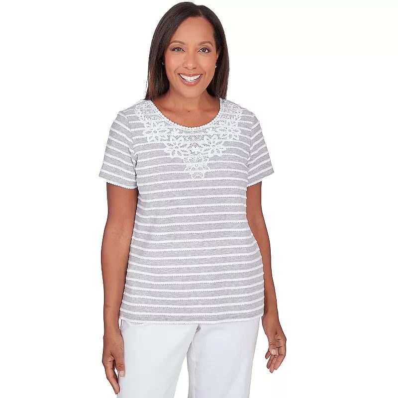 Petite Alfred Dunner Lace Neck Striped Split Hem Tee, Womens Dark Blue Product Image