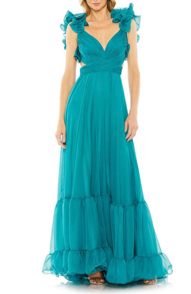 Women's Ieena Ruffle Tiered Cut-out Chiffon Gown In Turquoise Product Image