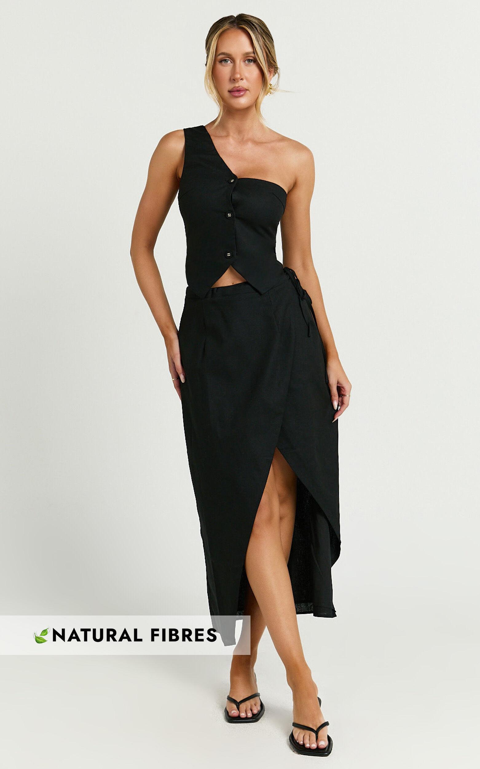 Claudia Two Piece Set - Linen Look One Shoulder Button Down Top and Midi Skirt Set in Black Product Image