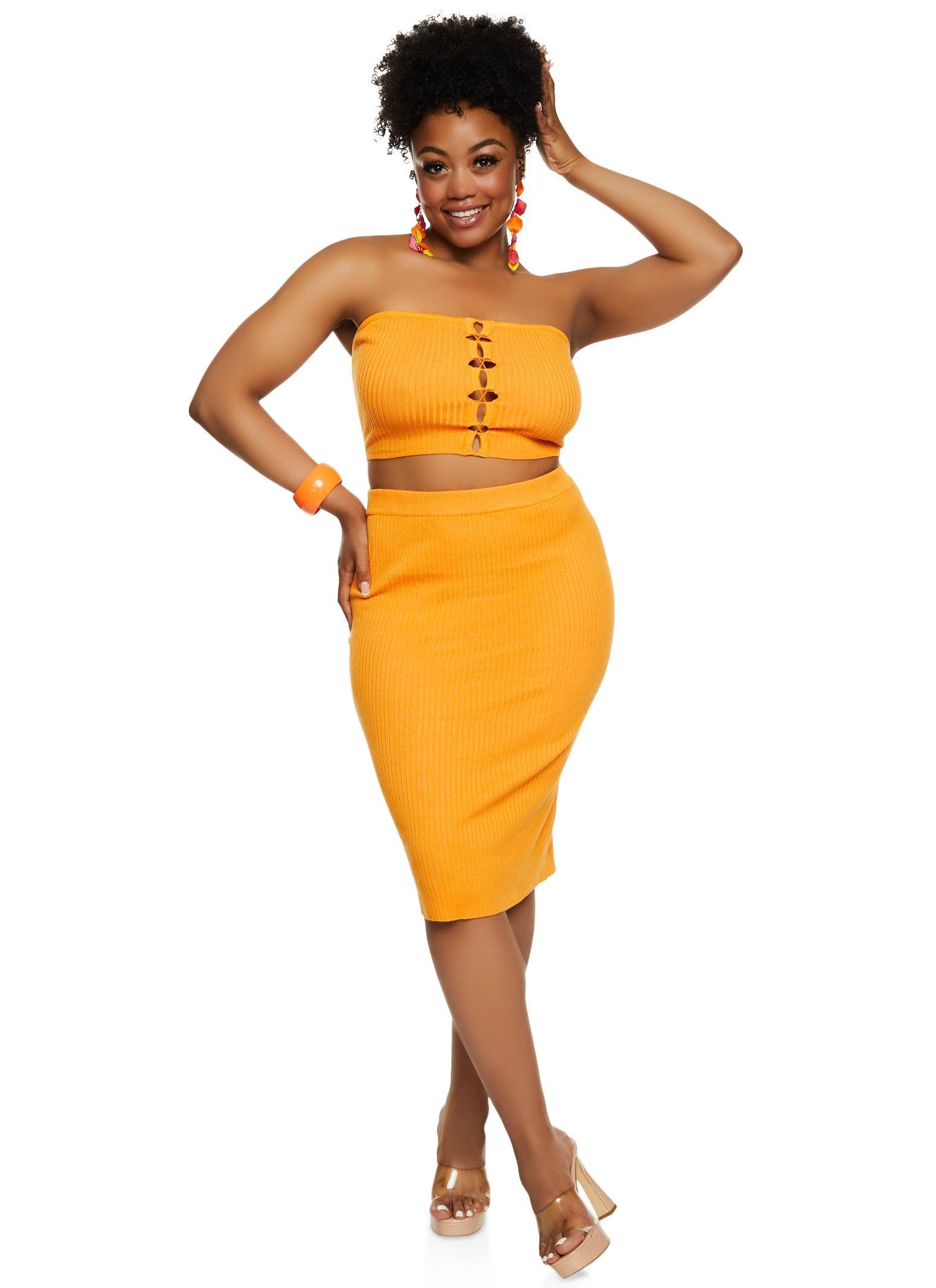 Womens Plus Size Almost Famous Lace Up Front Tube Top and Pencil Skirt Product Image