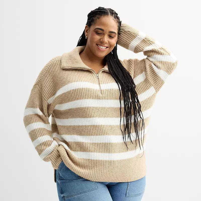 Plus Size Sonoma Goods For Life Quarter-Zip Tunic Sweater, Womens Green Ivory Stripe product image