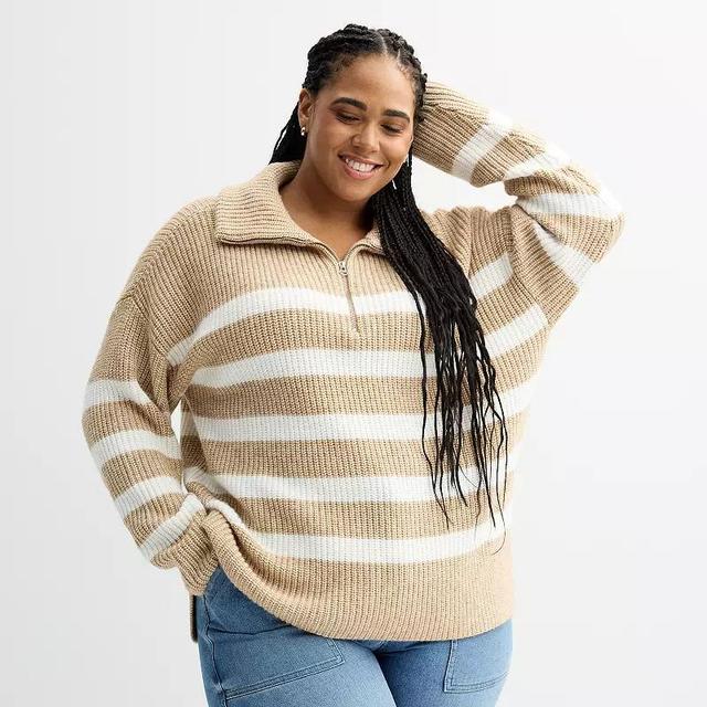 Plus Size Sonoma Goods For Life Quarter-Zip Tunic Sweater, Womens Green Ivory Stripe Product Image