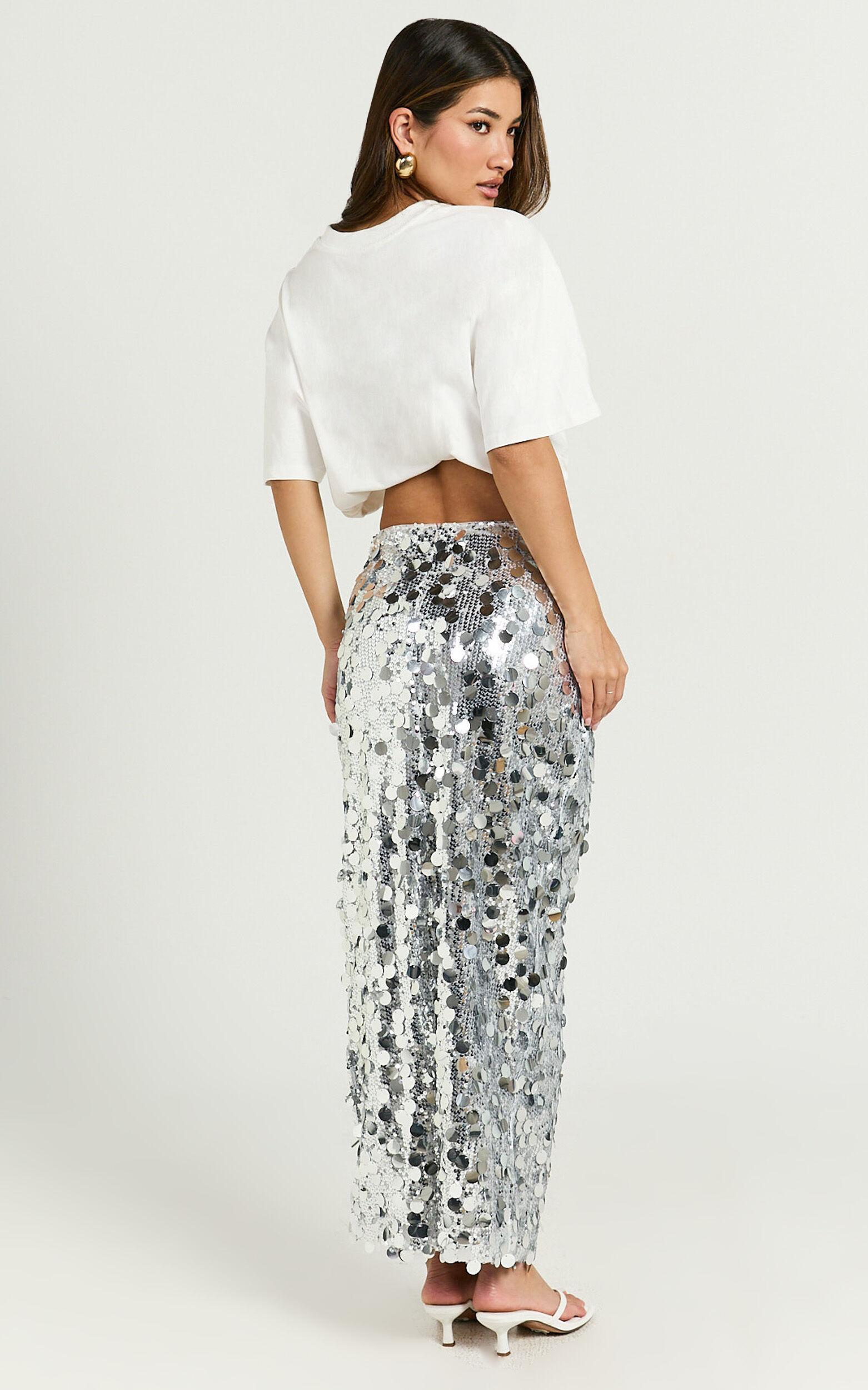 Sinclair Midi Skirt - Sequin Column Skirt in Silver Product Image