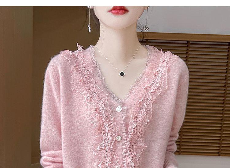 V-Neck Plain Lace Trim Fringed Button-Up Cardigan Product Image