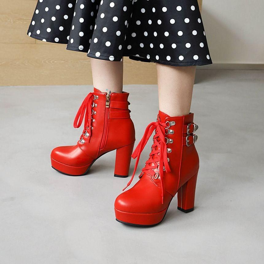 Platform Chunky Heel Buckled Lace-Up Short Boots product image