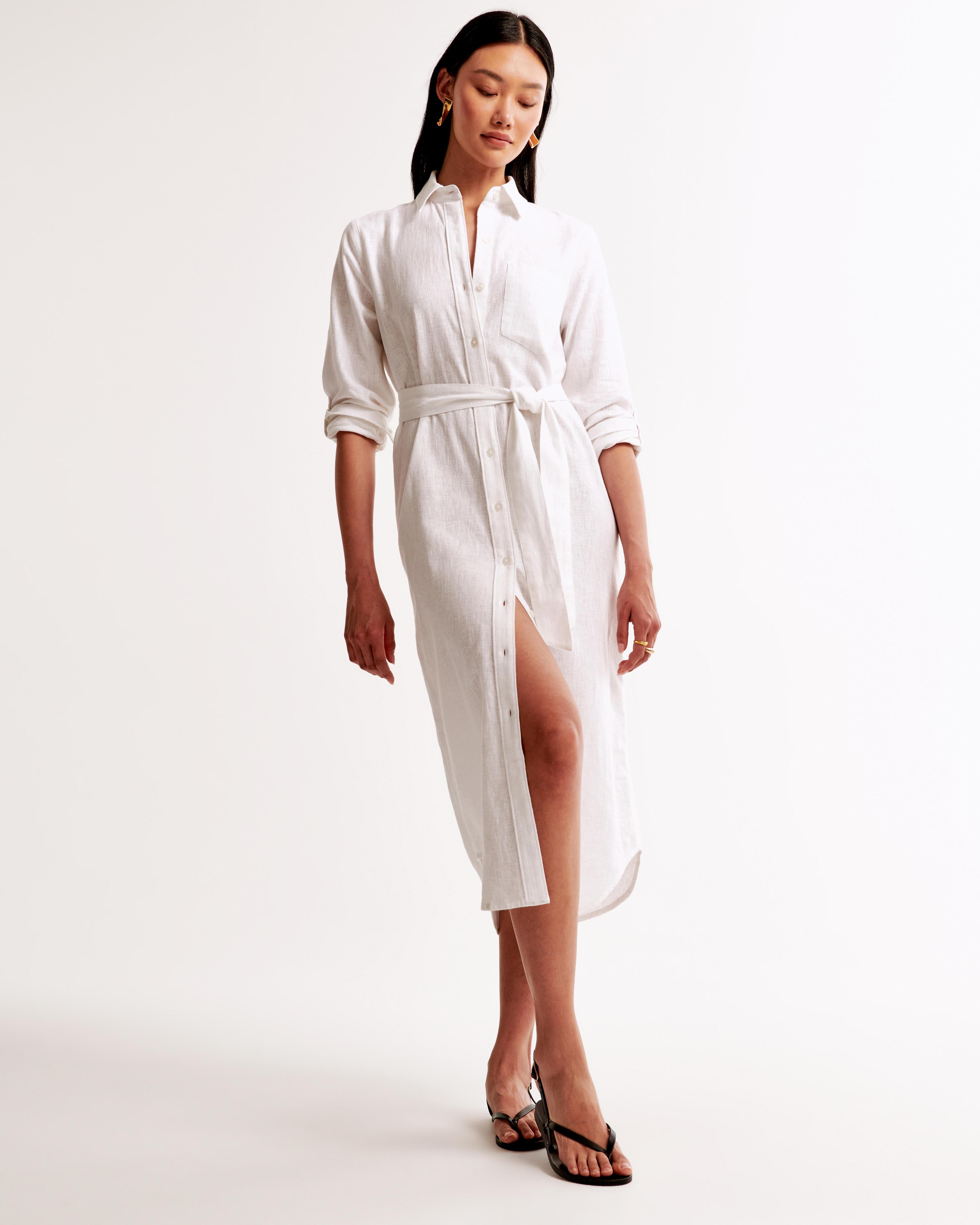 Linen-Blend Midi Shirt Dress Product Image