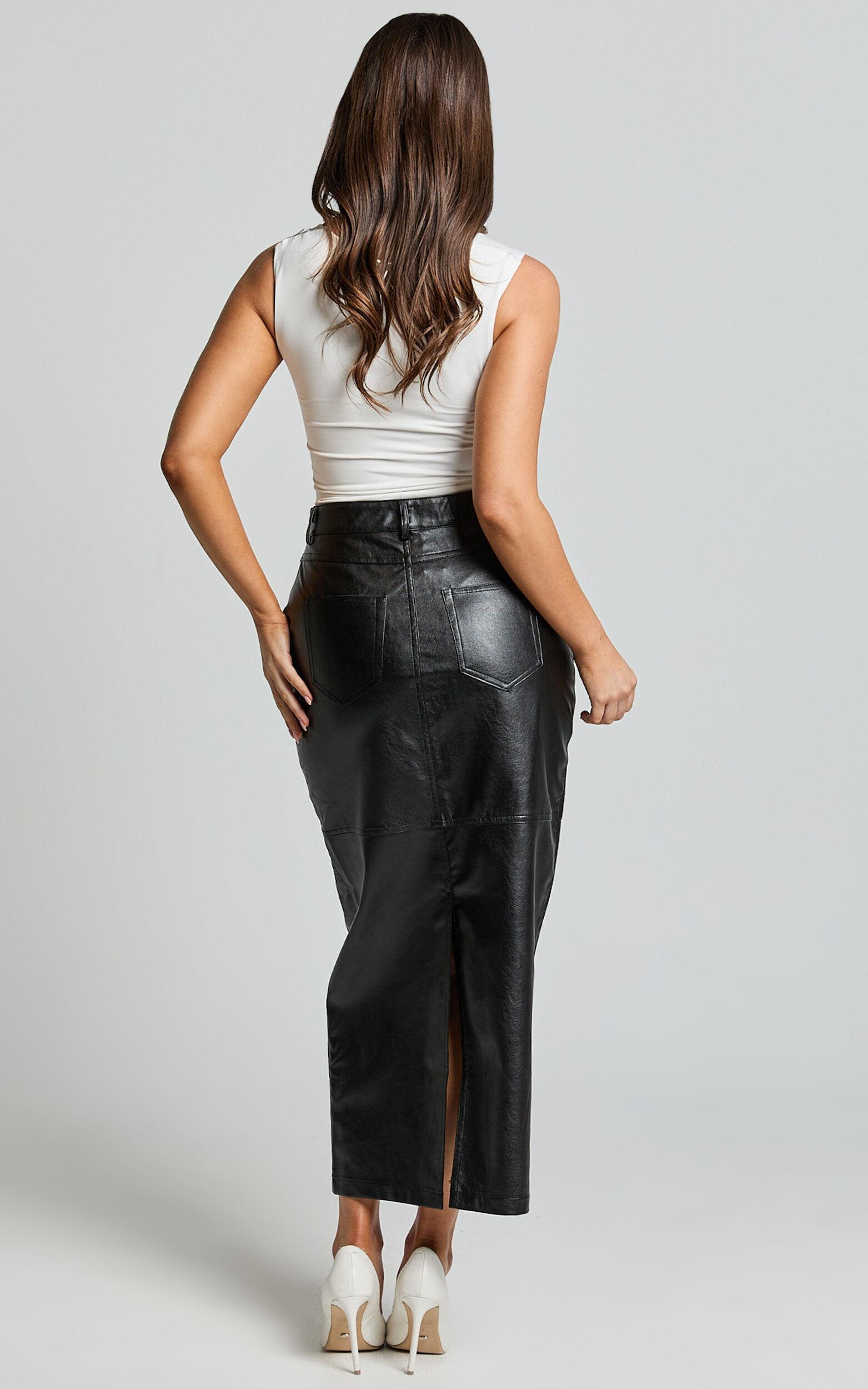 Victoria Midi Skirt - Mid Waisted Back Split Faux Leather Skirt in Black Product Image