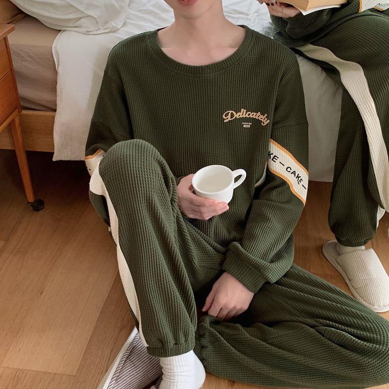 Couple Matching Pajama Set: Long-Sleeve Lettering Top + Pants Product Image