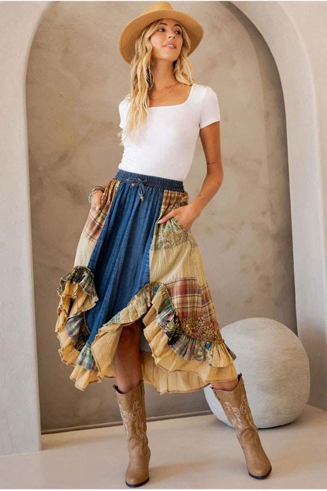 Western Boho Chic Patchwork Midi Skirt