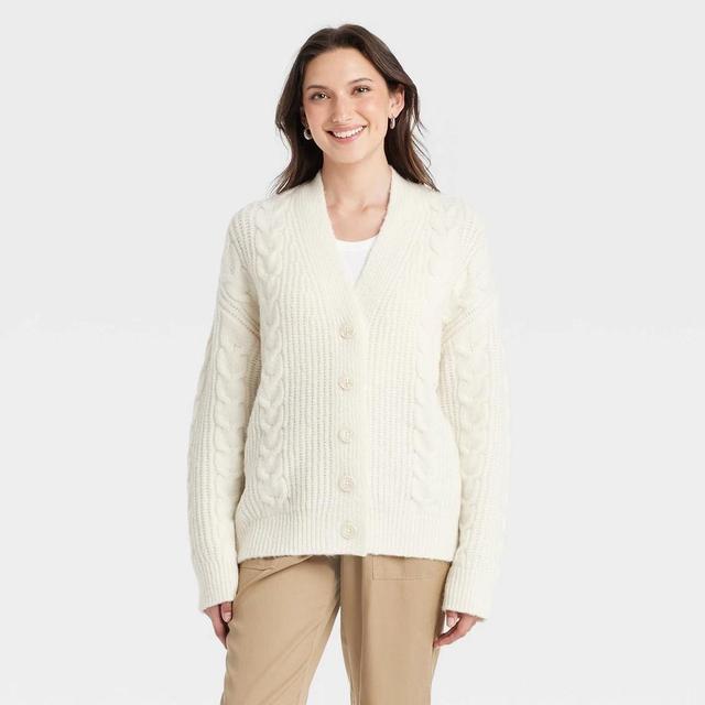 Women's Cozy Knit Cable Stitch Cardigan - Universal Thread™ Cream M Product Image