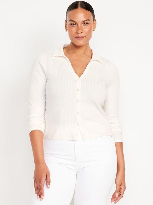 Slim Ribbed Button-Down Top Product Image