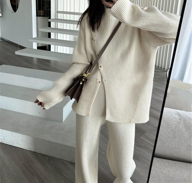 Set: Turtleneck Plain Ribbed Buttoned Slit Sweater + Elastic Waist Knit Wide Leg Pants Product Image