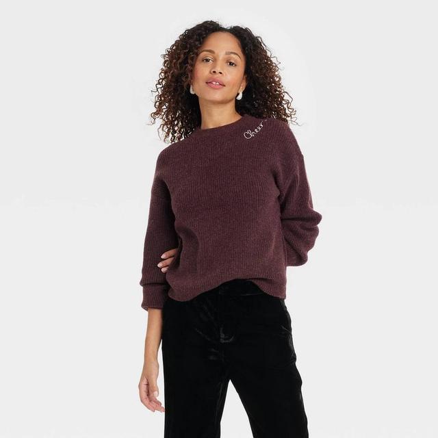 Womens Holiday Crewneck Pullover Sweater - A New Day Burgundy M Product Image