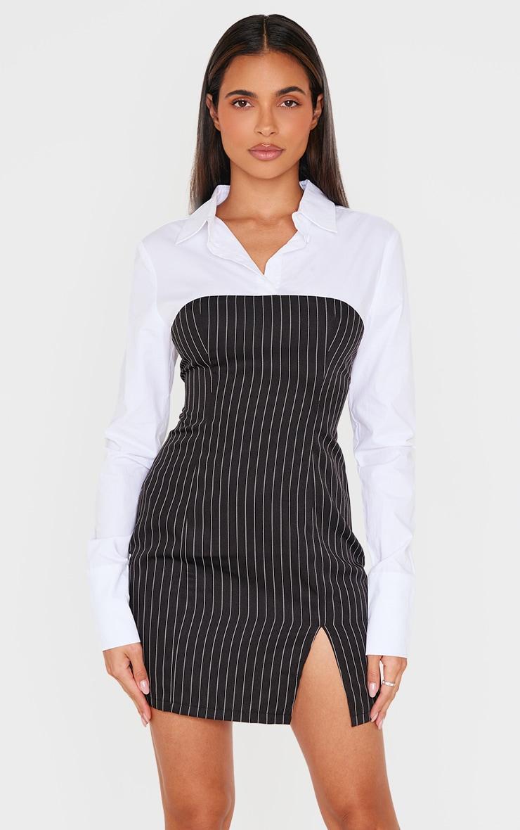 White Pinstripe Detail Shirt Dress Product Image