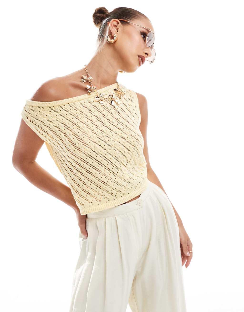 ASOS DESIGN one shoulder knitted top in lemon Product Image