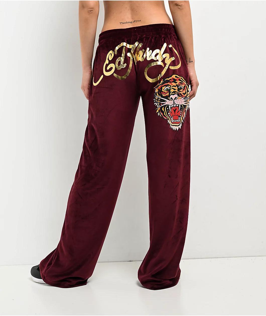 Ed Hardy Retro Tiger Burgundy Velour Track Pants Product Image