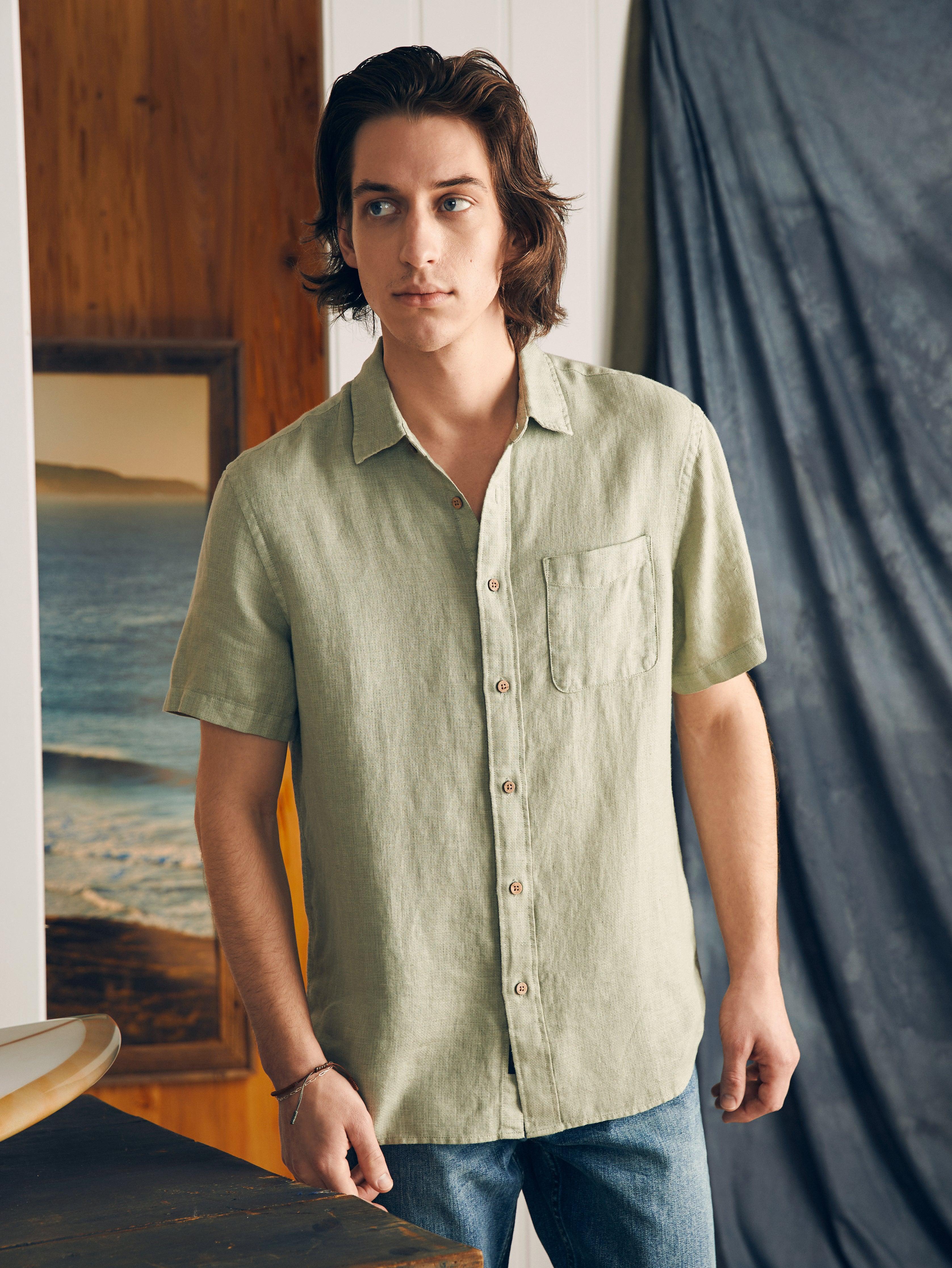 Short-Sleeve Palma Linen Shirt - Canyon Olive Basketweave Product Image