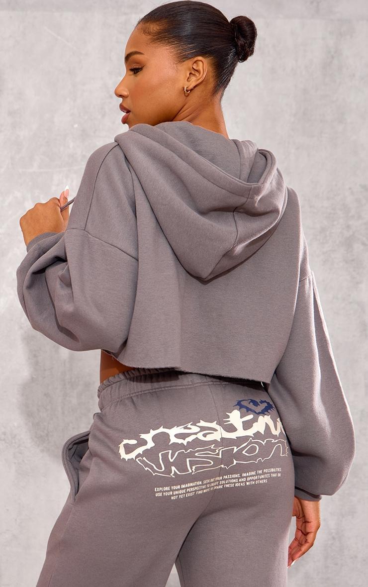 Charcoal Graphic Oversized Cropped Zip Hoodie Product Image