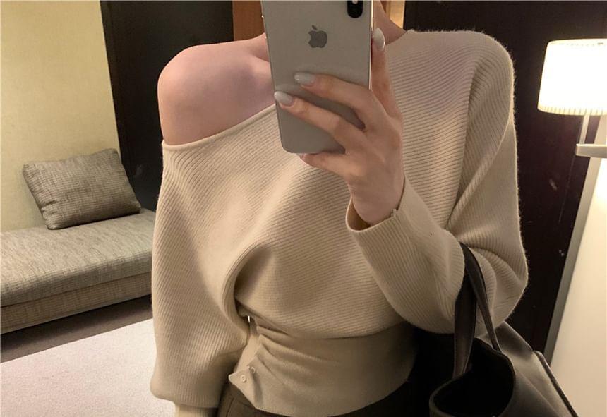 Cropped One-Shoulder Ruched Knit Top Product Image