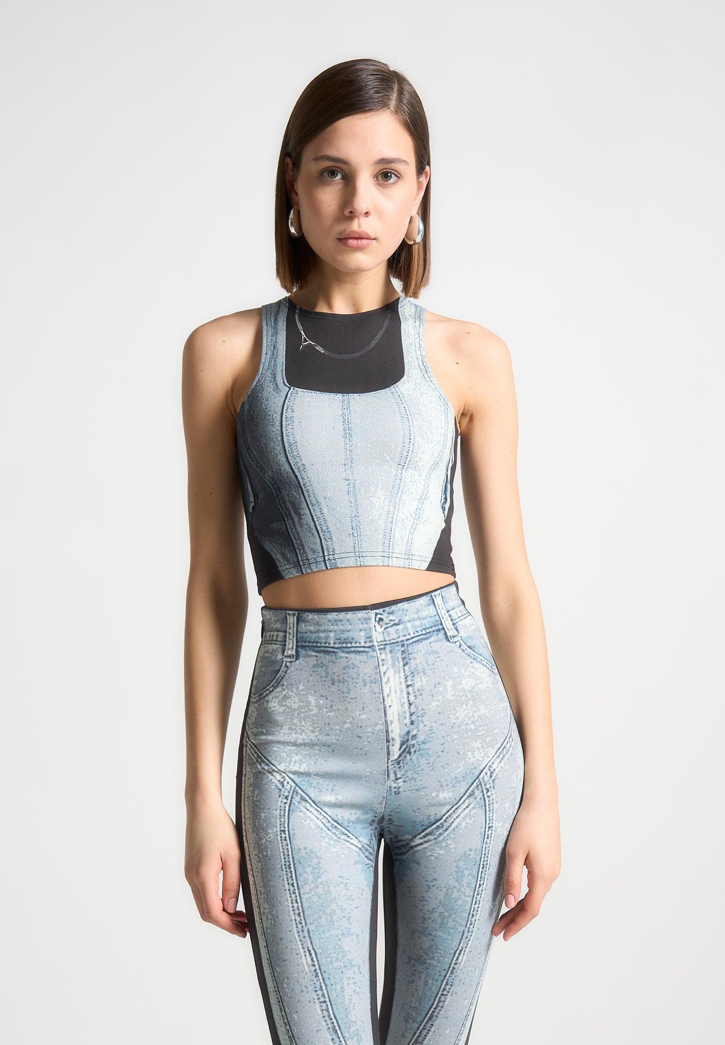 Denim Print Racer Crop Top - Blue/Black Female Product Image