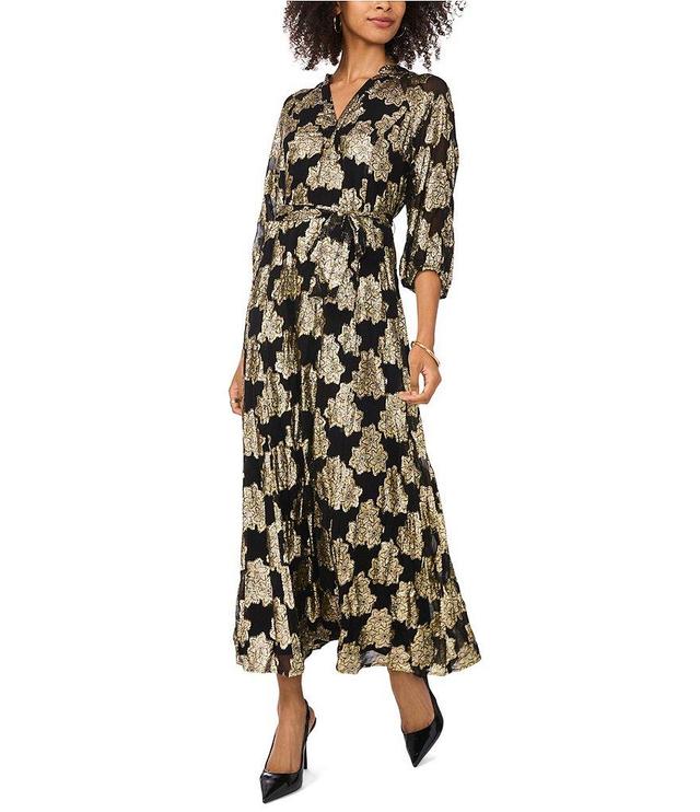 Vince Camuto Woven Metallic Floral V-Neck 3/4 Sleeve Belted Maxi A-Line Dress Product Image