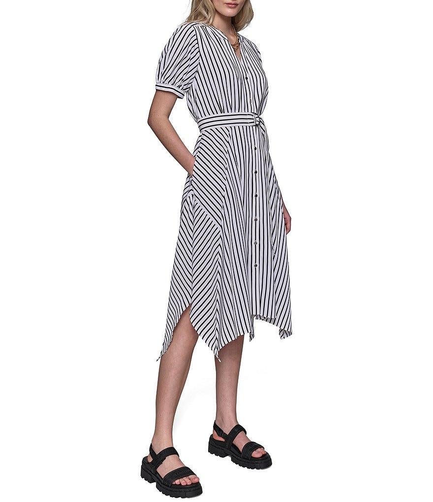 KARL LAGERFELD PARIS Stripe Print Split V-Neck Short Puff Sleeve Button Front Belted Side Pocket Hanky Hem Midi Dress Product Image