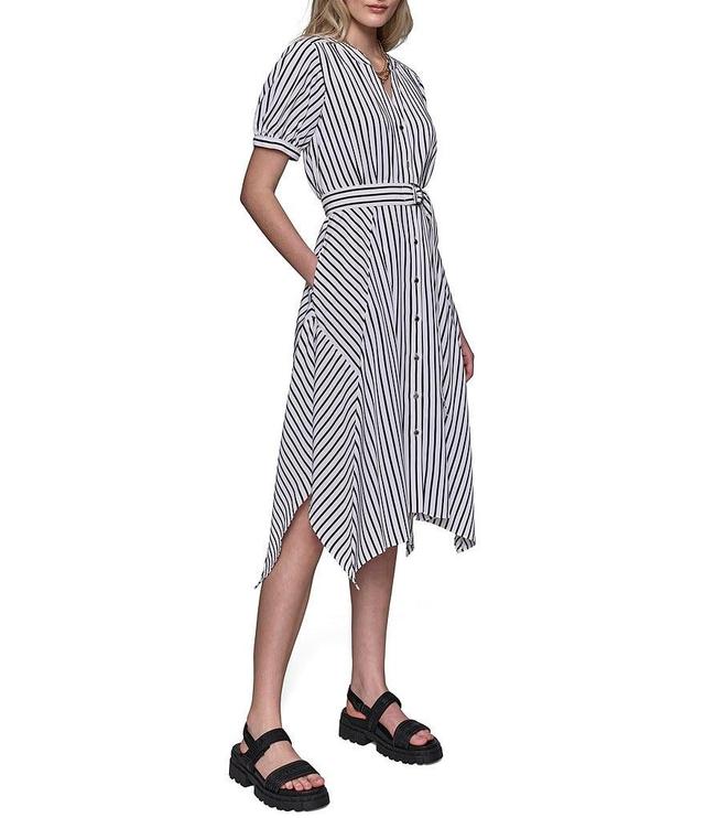 KARL LAGERFELD PARIS Stripe Print Split V-Neck Short Puff Sleeve Button Front Belted Side Pocket Hanky Hem Midi Dress Product Image