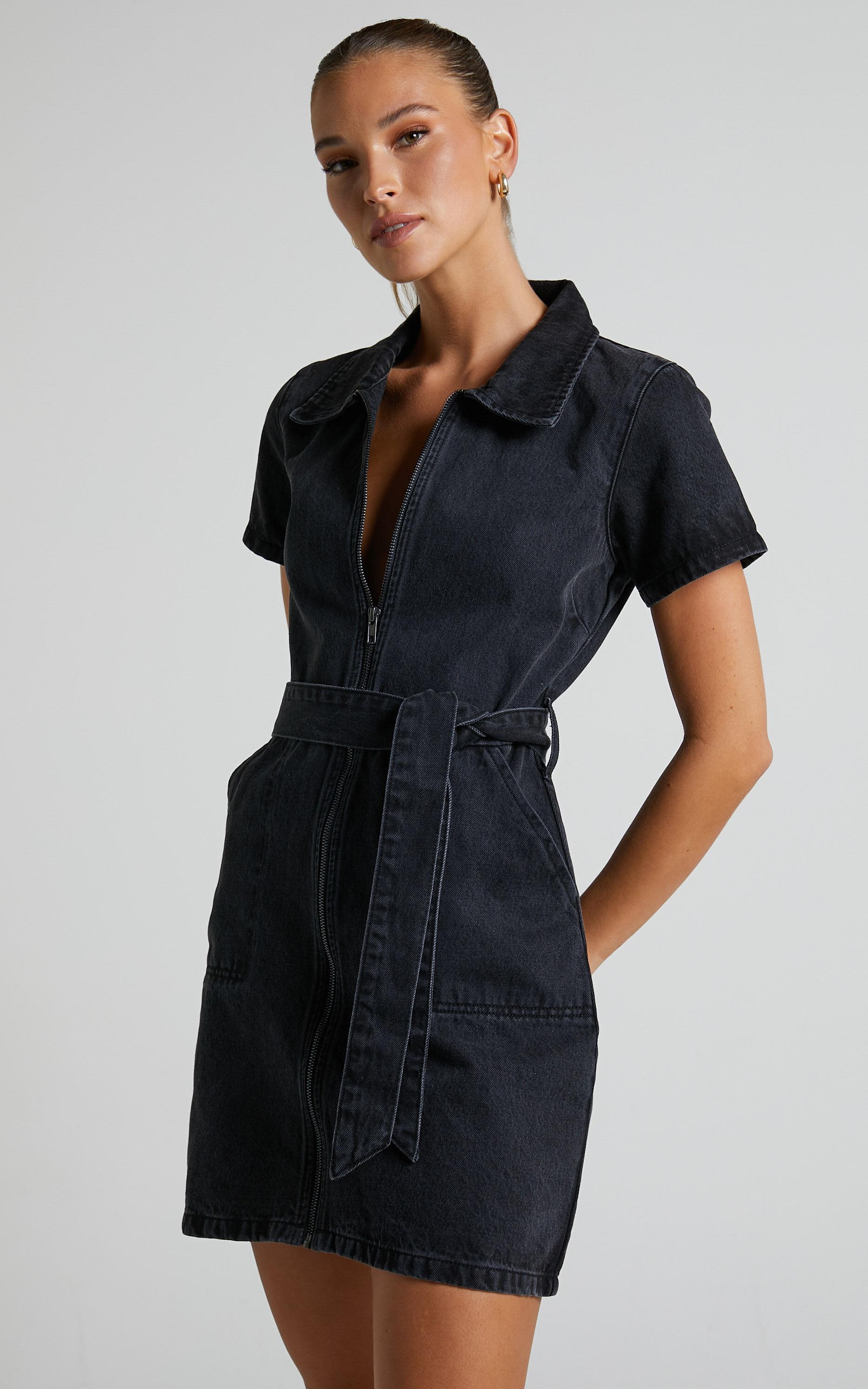 Nandini Mini Dress - Zip Through Denim Dress in Black Wash Product Image