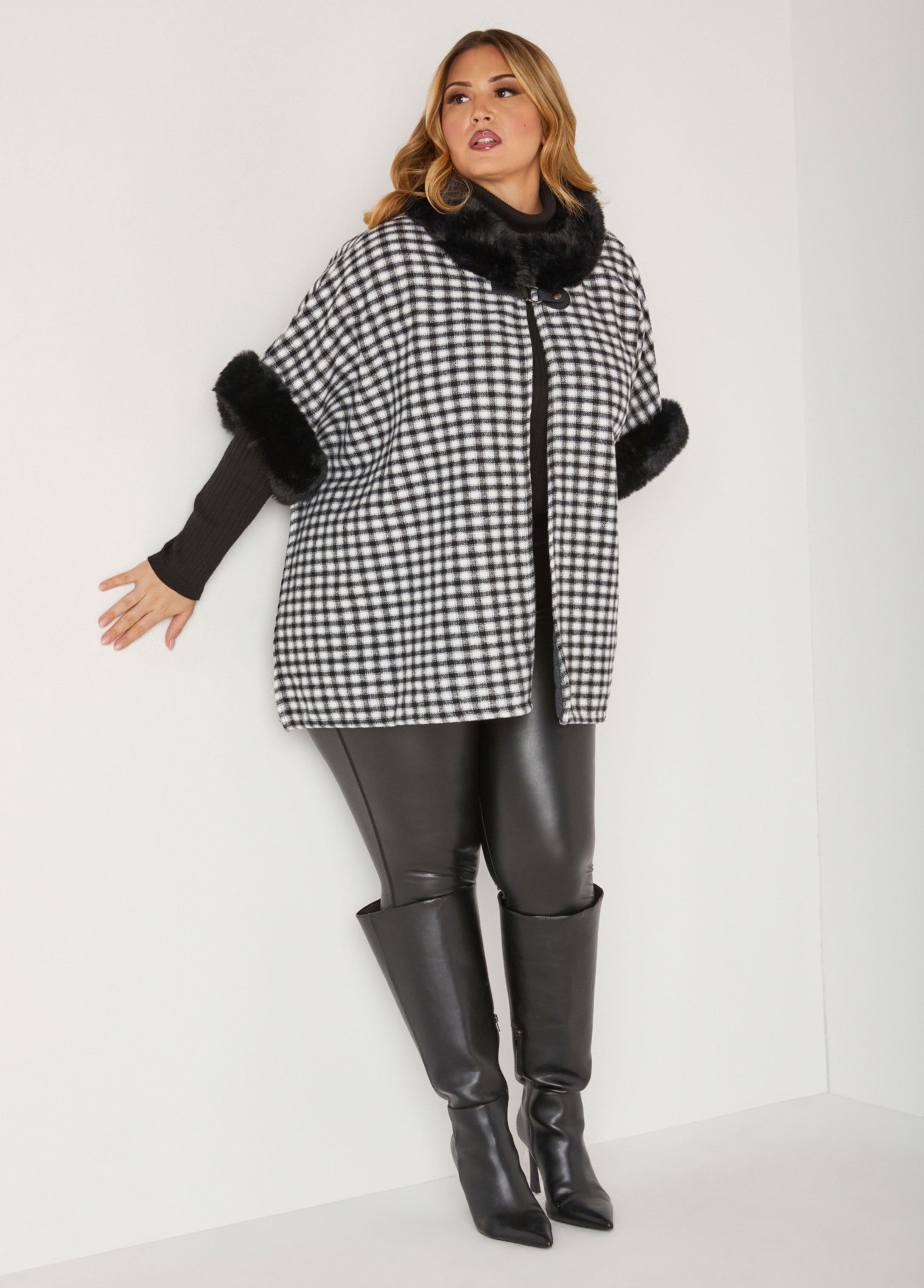 Faux Fur Trimmed Plaid Poncho Product Image