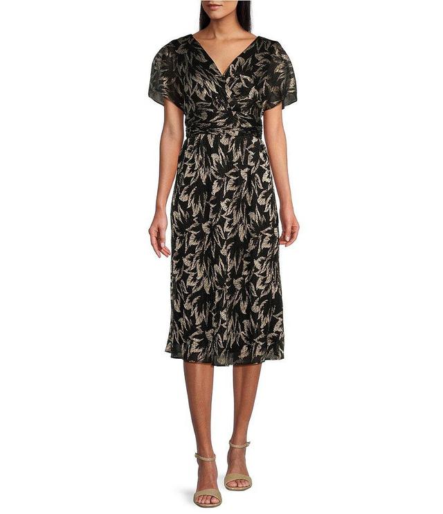 Ignite Evenings Surplice V-Neck Flutter Sleeve Ruched Waist Foil Printed Dress Product Image